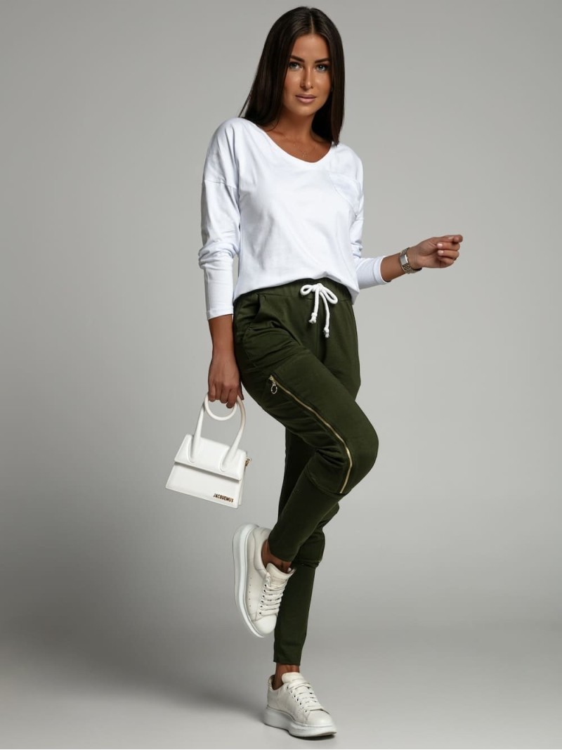 Women\'s set of cargo pants and a white and khaki blouse FK607 - Online store - Boutique